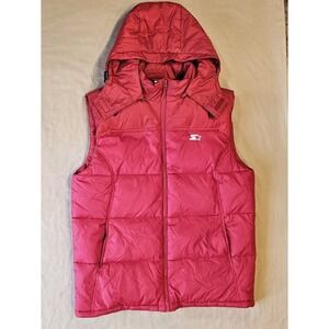 Vintage STARTER Red Down Puffer Vest Full Zip/ Zip-On Hood‎ Men's Medium